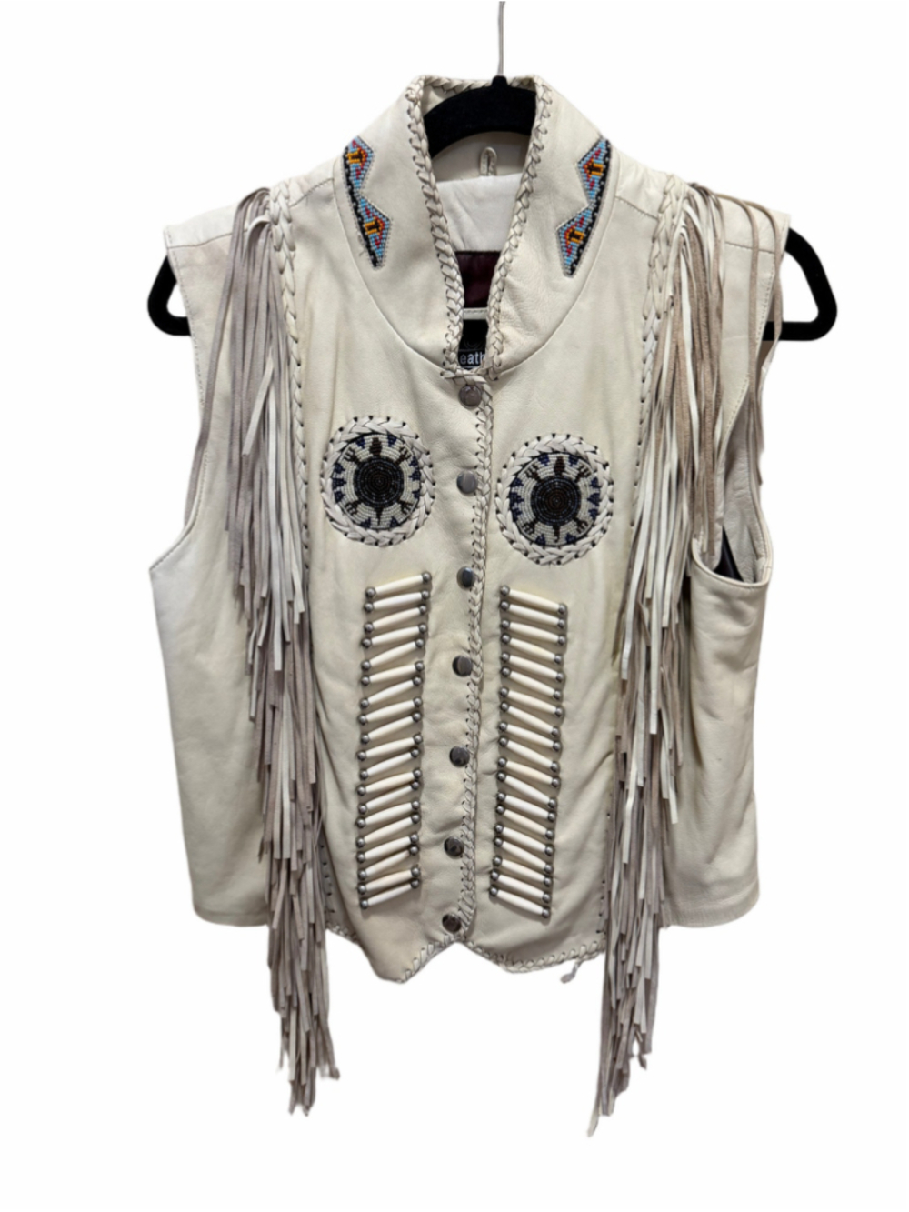 Vintage Leather Gallery Women’s L Ivory Leather Fringe Beaded Western Vest